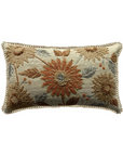 Orange Bloom cushion cover with heavy floral embroidery and jute trims, 12x20 inches, made of cotton and linen.