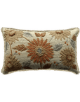Orange Bloom cushion cover with heavy floral embroidery and jute trims, 12x20 inches, made of cotton and linen.