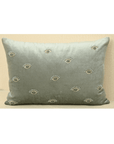 Hand-embroidered evil eye cushion cover in mint green velvet, adorned with beads and sequins, size 14x20.