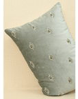 Hand-embroidered evil eye cushion cover in mint green velvet, adorned with beads and sequins, 14x20 size.