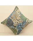 Bough cushion featuring intricate tree and branch print with French knots, 18x18, in vibrant colors.