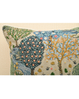 Bough cushion with intricate tree print and French knots in mustard on durable PET material, 18x18 size.