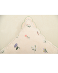 Tea Rose cushion with floral motifs in lavender and peach, featuring scalloped edging for elegant home decor.