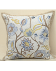 Vine cushion with colorful dahlias and embroidery, soft cotton and jute, perfect for cozy home decor.