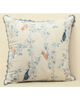 Hummingbirds cushion cover with intricate embroidery of birds on branches and delicate blue lace, 18x18 size.