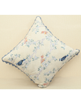 Hummingbirds cushion cover featuring intricate embroidery and blue lace, perfect for home decor elegance.