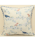 Hummingbirds cushion cover with intricate embroidery and blue lace, perfect for home decor, 18x18 inches.