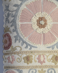 Close-up of an embroidered fabric with floral patterns and pastel colors.
