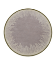 Halo Verge round hand tufted wool rug with geometric border in warm grey, green and cream