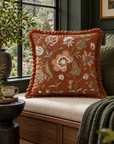 Rust Rosebud Embroidered Cotton Cushion