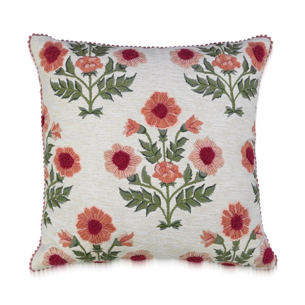 Close-up of floral boota hand embroidery on Rosabelle Bloom cushion cover