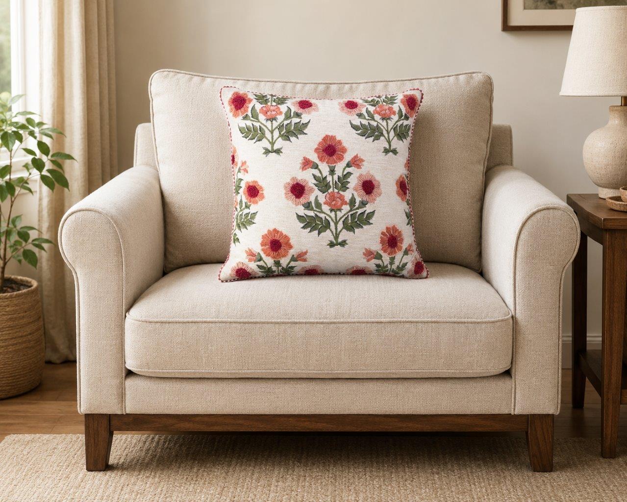 Rosabelle Bloom floral hand embroidered pet chenille cushion cover with lace edging