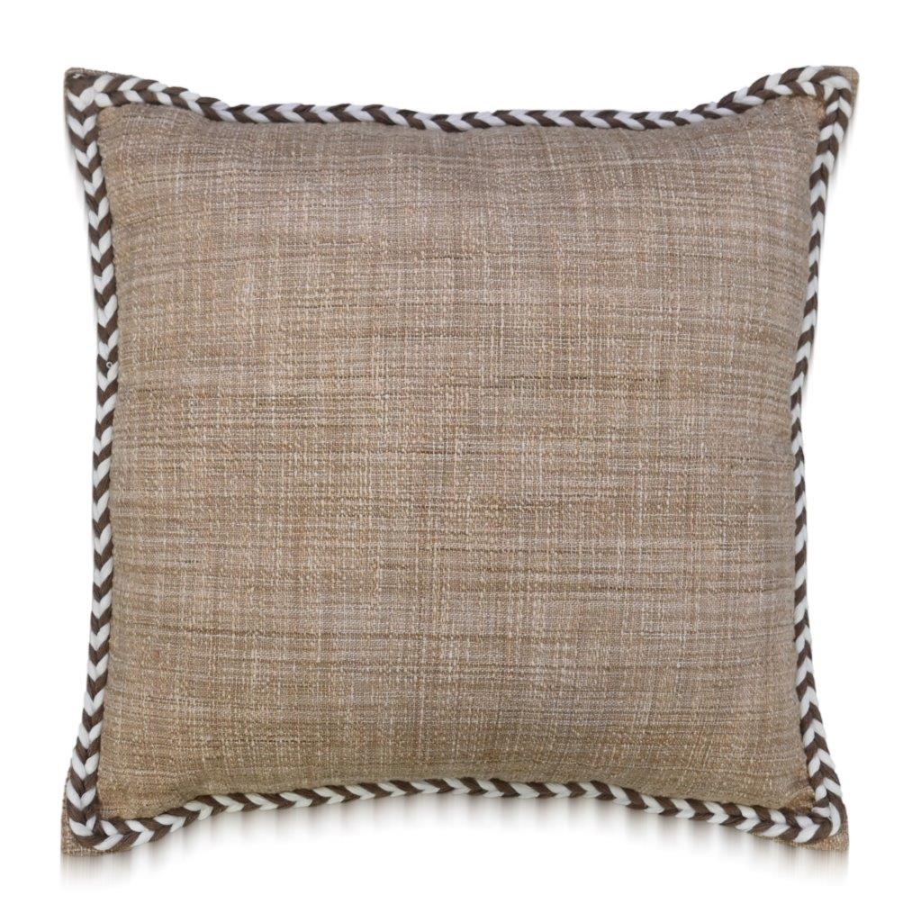 Close-up of textured spray dyed cotton fabric with contrast beige piping