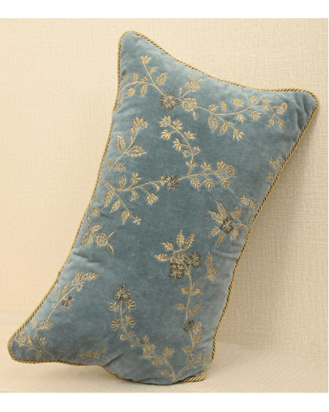 Opaline velvet cushion cover with gold work, lurex details, and twisted cord piping for elegant home decor.