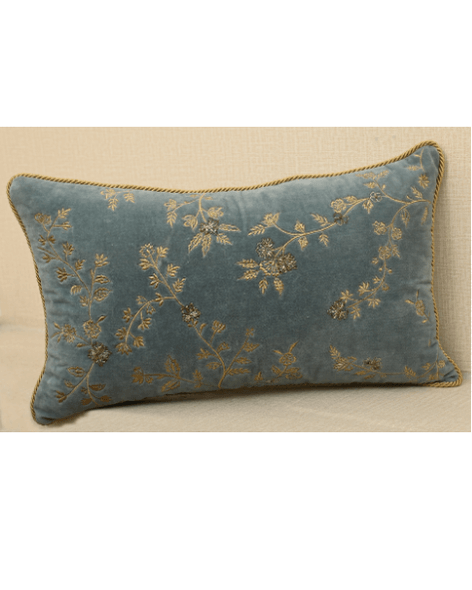 Opaline luxurious velvet cushion cover with gold embroidery and twisted cord piping, adding elegance to home decor.
