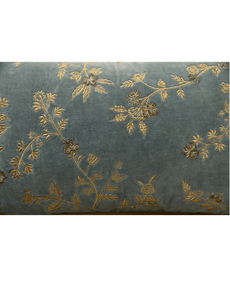 Opaline velvet cushion cover with gold embroidery and lurex details, featuring elegant twisted cord piping.