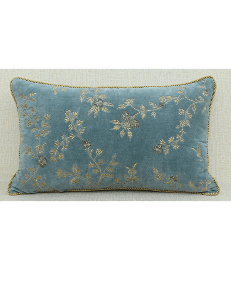 Opaline luxurious velvet cushion cover with gold embroidery and twisted cord piping.