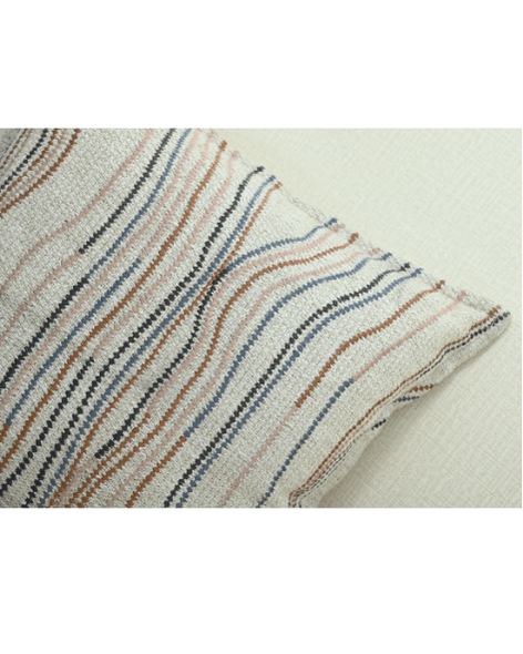 Chunky ivory cushion cover featuring flowy lines in warm tones of brown, blue, and pink, measuring 18x18 inches.
