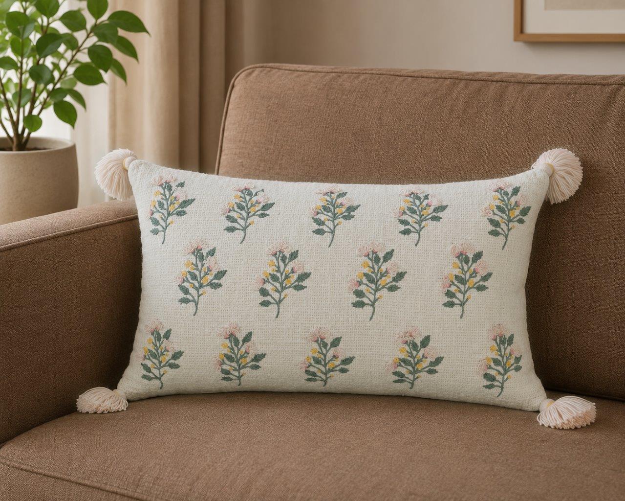 Poppy Whim hand embroidered ivory lumbar cushion with floral motifs and tassel corners