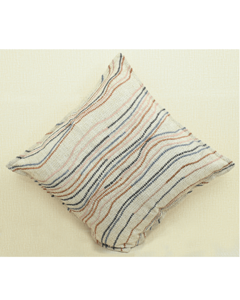 Ivory decorative cushion cover with colorful flowy line embroidery in warm tones, 18x18 inches.