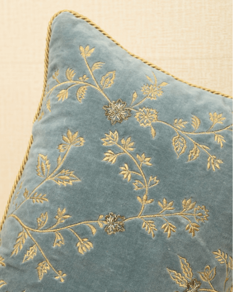 Opaline velvet cushion cover with gold work and lurex details, adding elegance and sophistication to home decor.