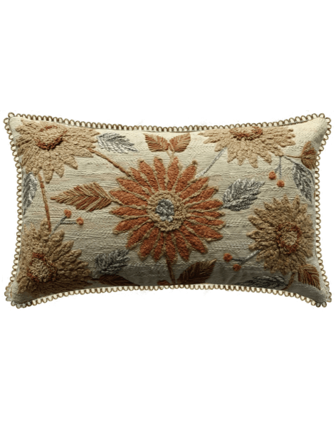 Orange Bloom cushion cover with heavy floral embroidery and Jute trims, 12x20 inches inches, made of cotton and linen.