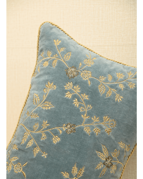 Opaline luxurious velvet cushion cover with gold embroidery and lurex details, perfect for home decor elegance.