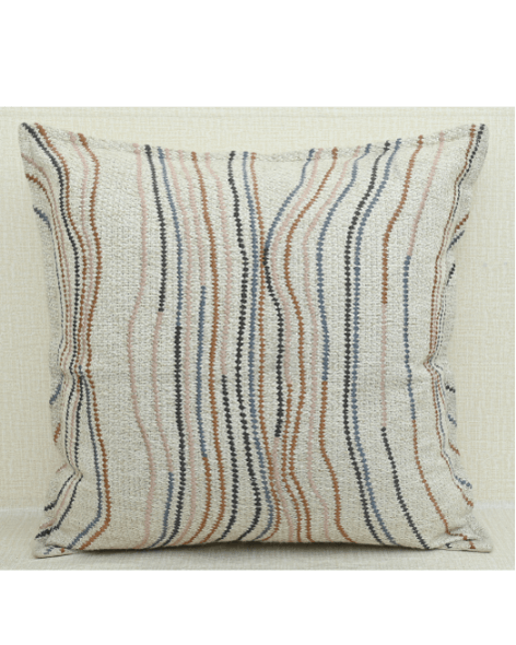 Chunky ivory cushion cover with flowy lines in warm brown, blue, and pink tones, perfect for home decor.