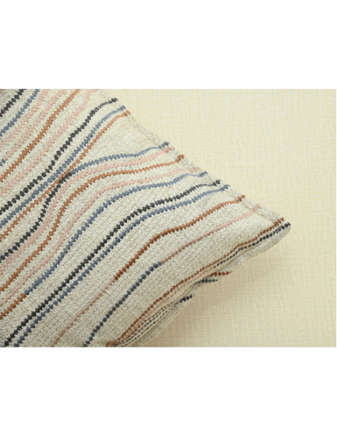 Chunky ivory cushion cover with flowy lines in warm tones of brown, blue, and pink, perfect for home decor.