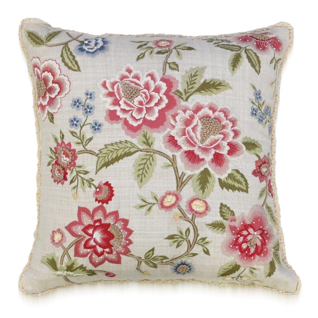 Blush Blossom Embroidered Cushion