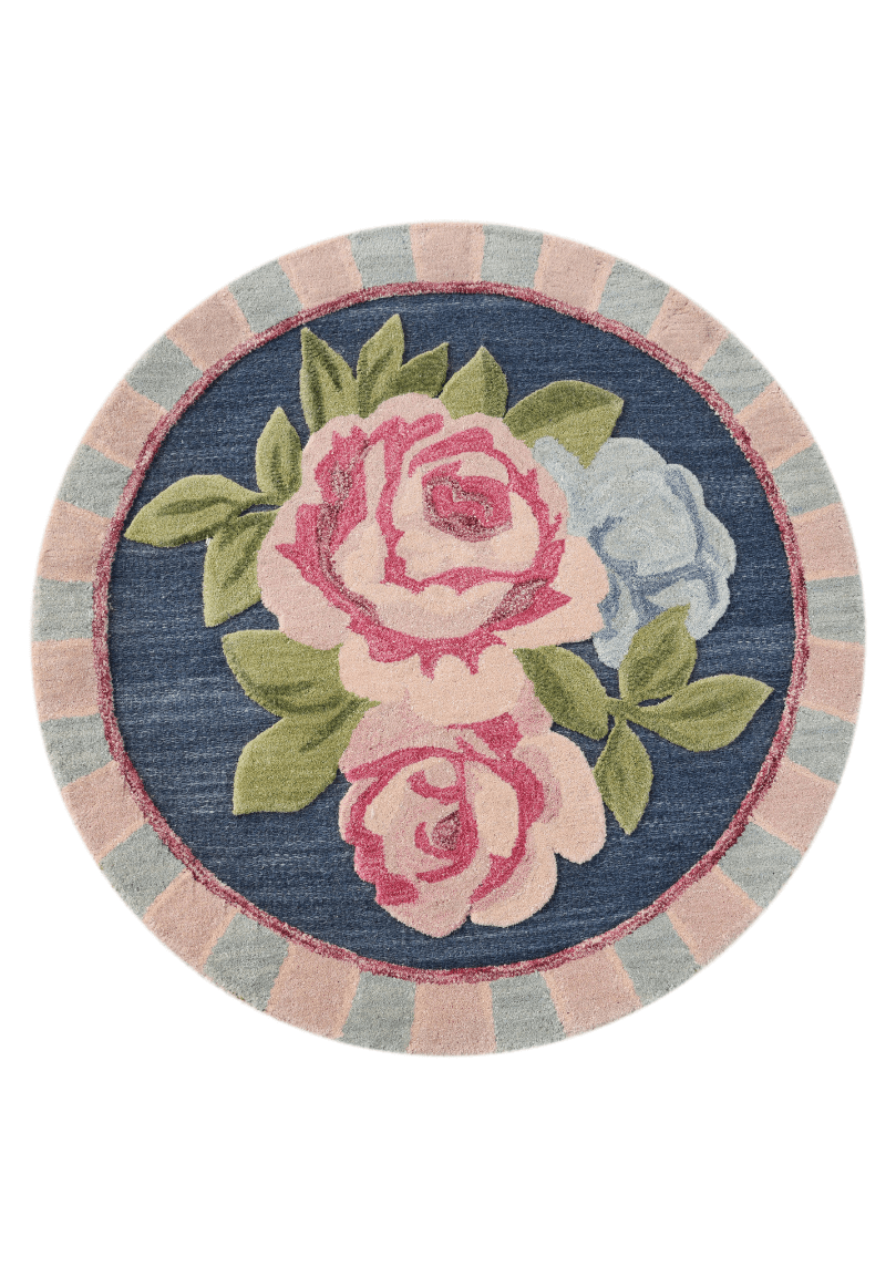 Navy Rose – Round Wool Floral Rug