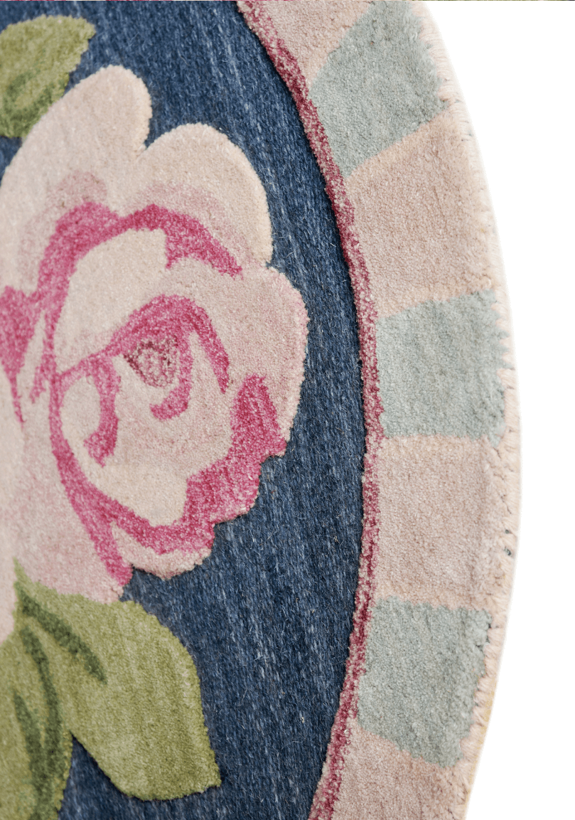 Navy Rose – Round Wool Floral Rug