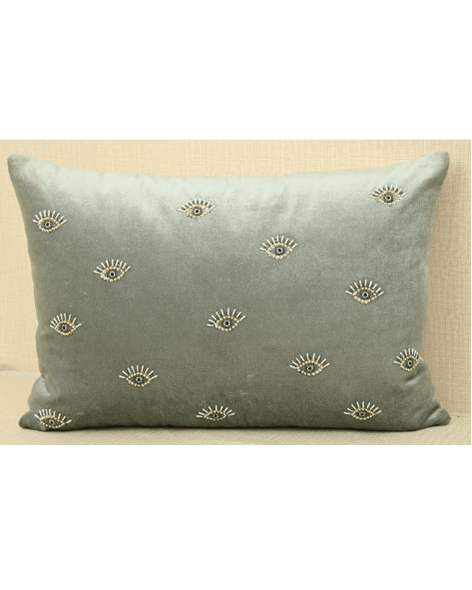 Hand-embroidered evil eye cushion cover in mint green velvet, adorned with beads and sequins, size 14x20 inches.