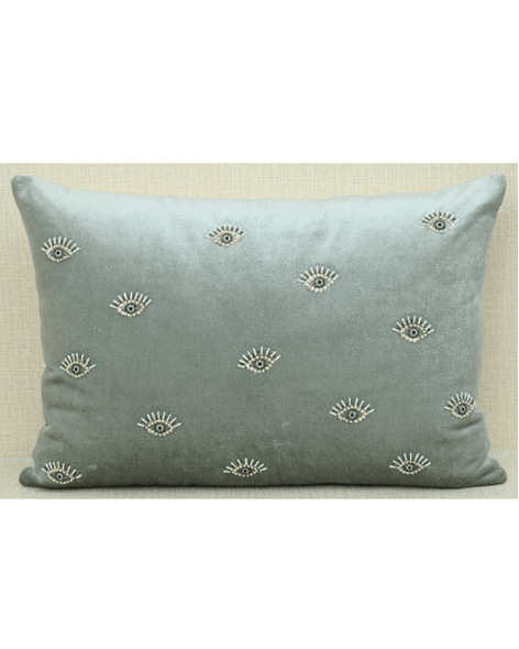 Luxurious mint green velvet cushion cover with evil eye embroidery design, 14x20 inches size.