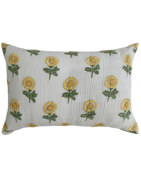 Mirasol cushion cover with sunflower motifs in yellow and green, adding sunny charm to home décor.