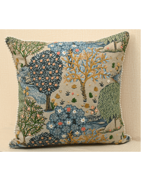 Bough cushion with intricate tree and branch print, mustard French knots, 18x18 inches, durable Pet material for home décor.