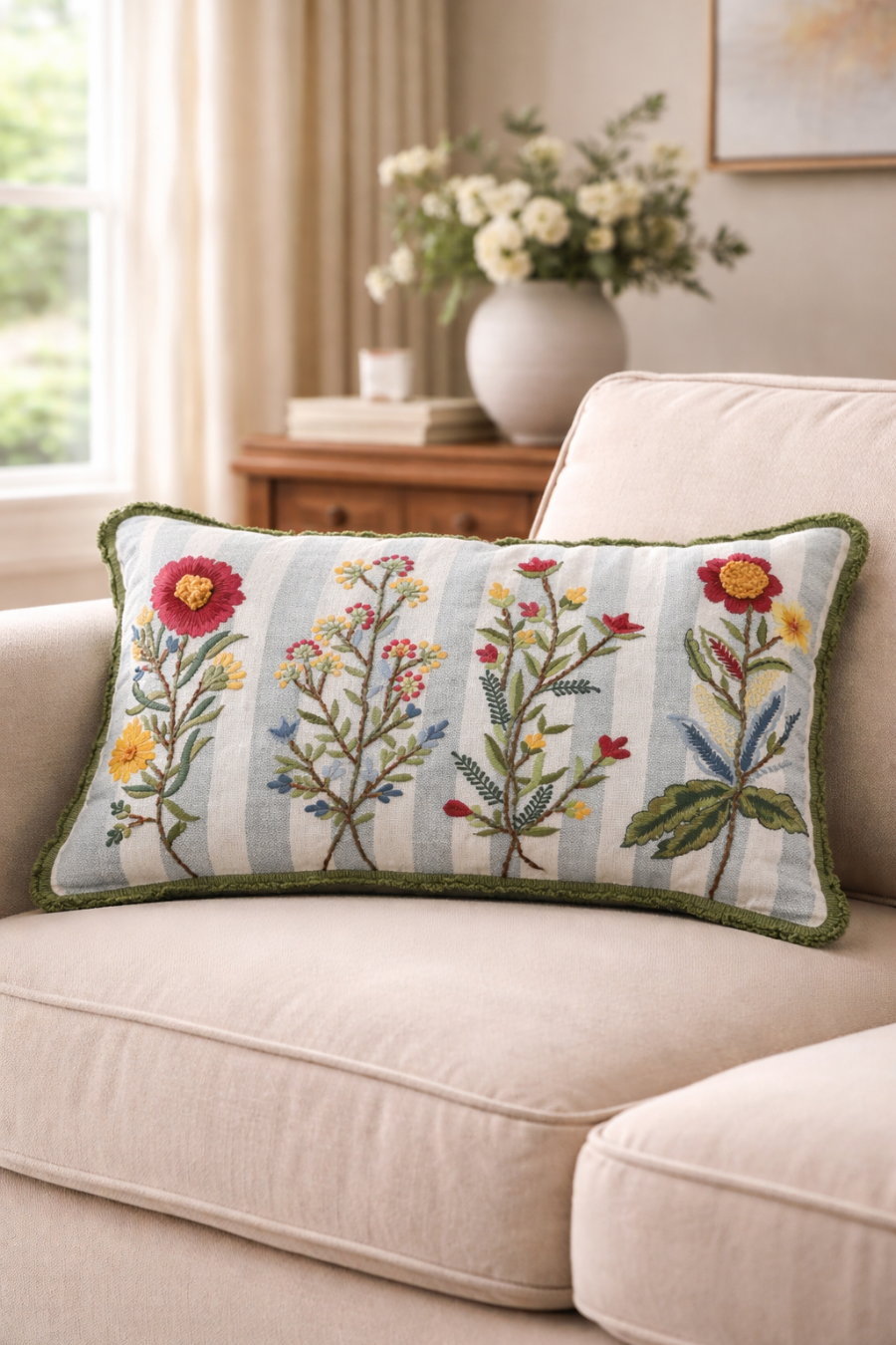 Decorative pillow with floral patterns on a beige sofa in a living room setting.