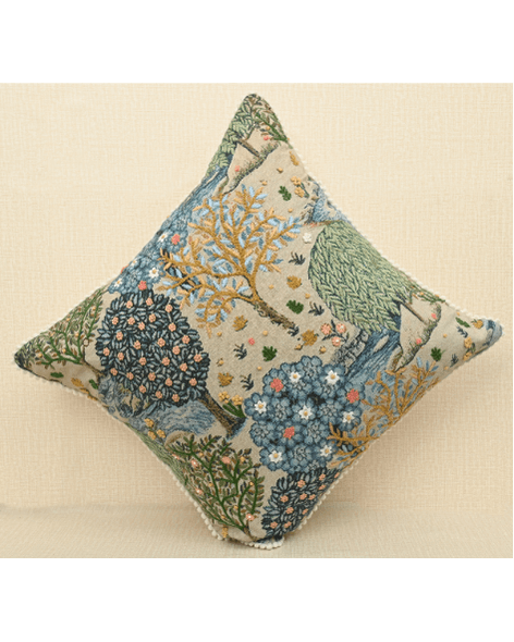 Bough cushion featuring intricate tree and branch print with French knots, 18x18 inches, in vibrant colors.