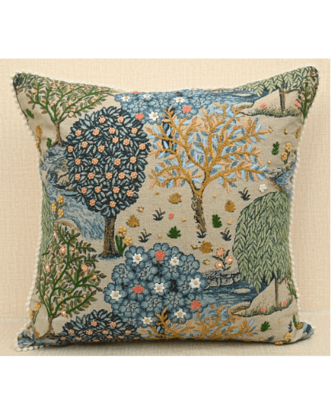 Bough cushion with intricate tree and branch print, mustard French knots, 18x18 inches size, made from durable Pet material.
