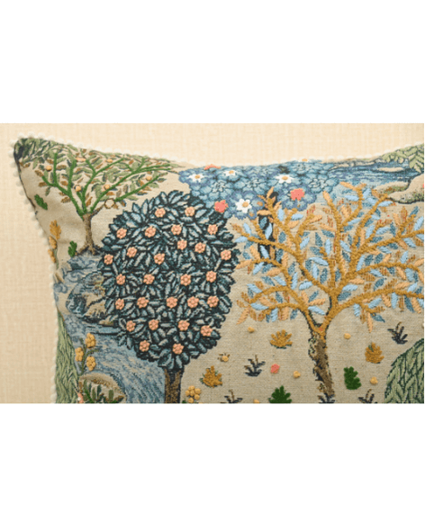 Bough cushion with intricate tree print and French knots in mustard on durable Pet material, 18x18 inches size.