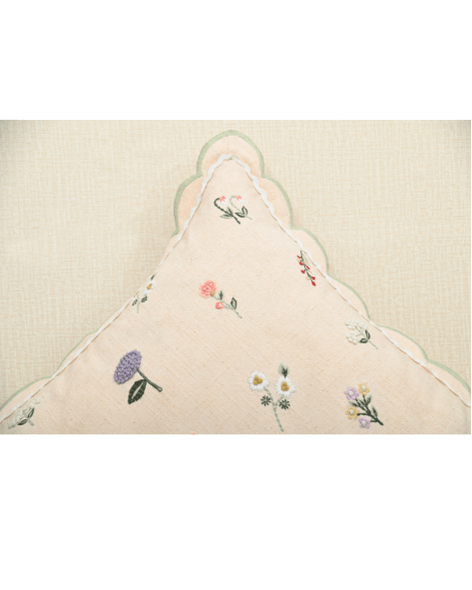 Tea Rose cushion with floral motifs in lavender and peach, featuring scalloped edging for elegant home decor.