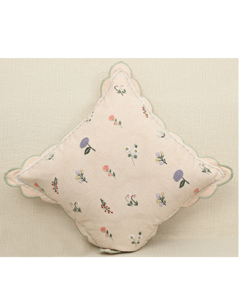 Tea Rose cushion featuring delicate pink fabric with lavender and peach motifs and scalloped edges for elegant home decor.