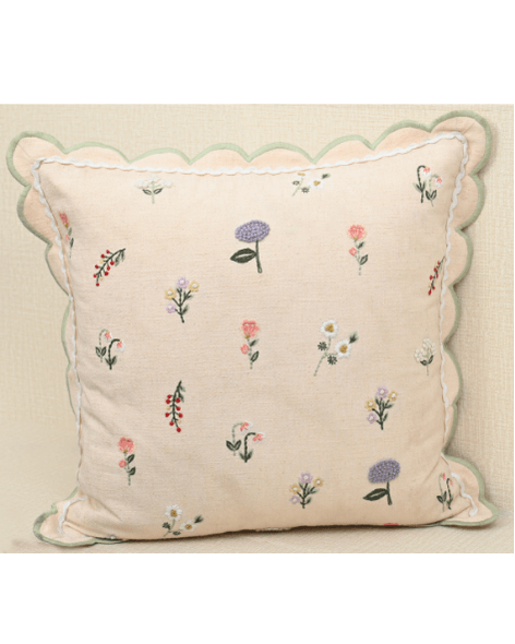 Tea Rose cushion featuring delicate floral motifs in lavender and peach with scalloped edging for elegant home decor.