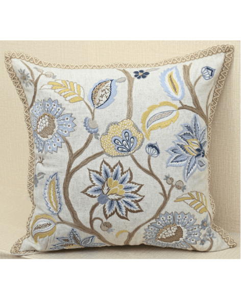 Vine cushion with colorful dahlias and embroidery, soft cotton and Jute, perfect for cozy home decor.
