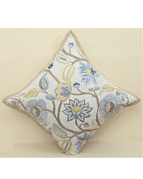 Vine cushion featuring colorful floral embroidery, soft cotton material, and Jute trim, perfect for cozy home decor.