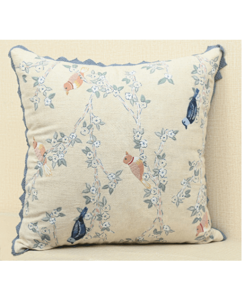 Hummingbirds cushion cover with intricate embroidery of birds on branches and delicate blue lace, 18x18 inches size.