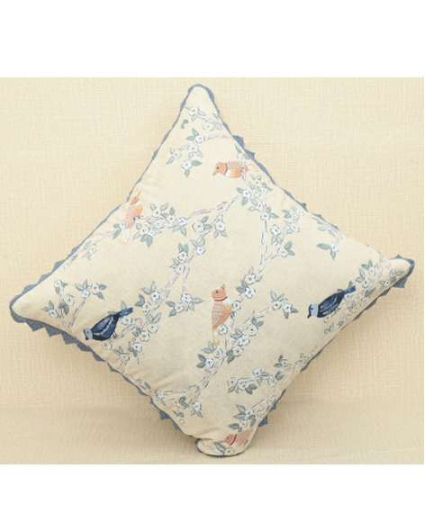 Hummingbirds cushion cover featuring intricate embroidery and blue lace, perfect for home decor elegance.