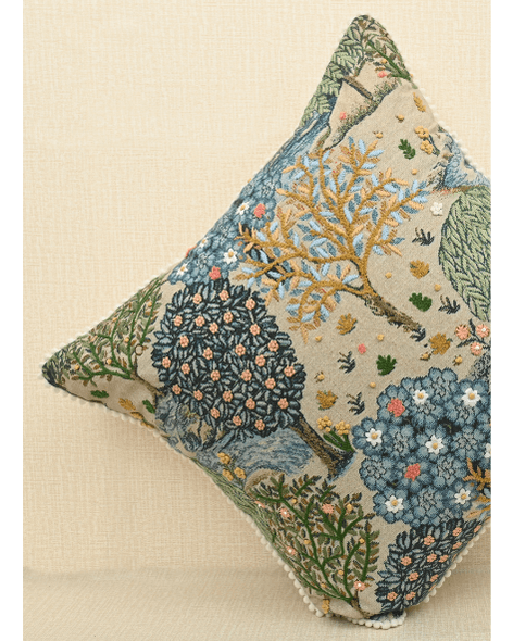 Bough cushion with tree and floral print in colorful embroidery, perfect for home décor accent, 18x18 inches size.