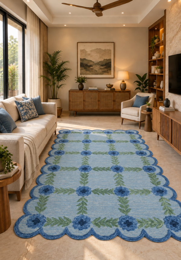 Blooming Scallop | rugs | 5x8 ft rug,5x8 rug,5x8 wool rug,area rug,bedroom rug,blue rug,botanical rug,contemporary rug,decorative rug,floral rug,floral wool rug,Flower rug,hand tufted rug,hand tufted wool rug,handmade rug,living room rug,rug,Scallop Rug,s
