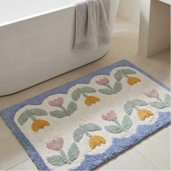 Mirrored Meadow Scallop | Bathmat | 20x32 bath mat,20x32 bath rug,bath mat,bath rug,bathmat,bathroom accessories,bathroom decor,blue bath mat,blue bath rug,blue scallop bath rug,botanical bath rug,colourful bath rug,cotton bath rug,cotton microfibre bath